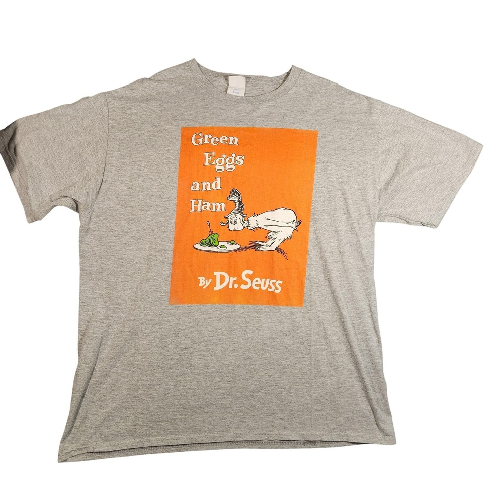 Dr. Seuss Green Eggs and Ham Shirt Mens XL Gray Graphic Tee Book Cartoon Classic